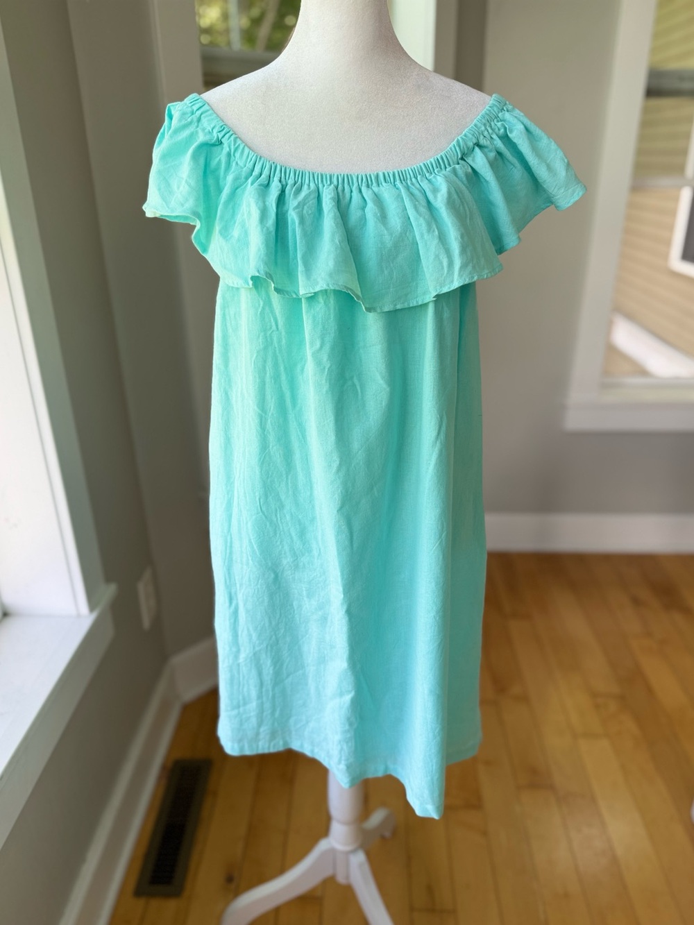 Charlie Paige Teal Blue Cotton Linen Off the Shoulder Shift Dress